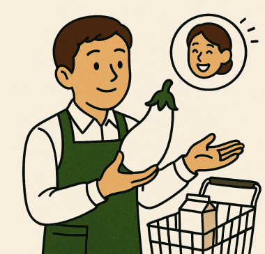 白なすびを勧めるOさんのイラスト